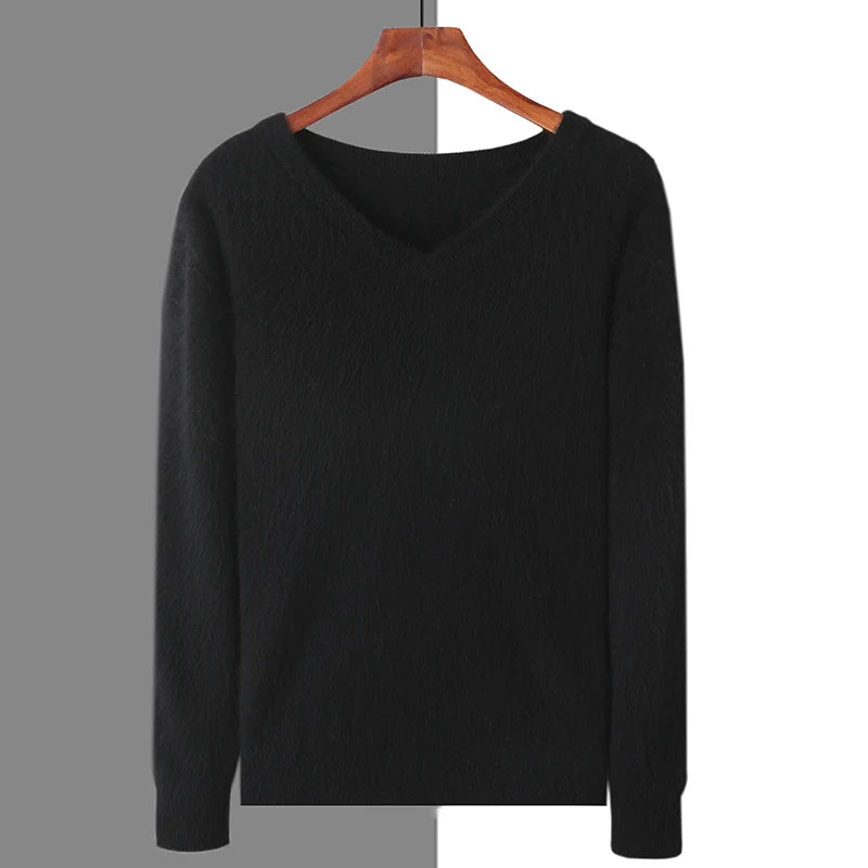 Men's 100% Pure Mink Cashmere Sweater V-neck Pullover Knit Bottoming Shirt Autumn And Winter New Long-Sleeve High-End Mink Tops