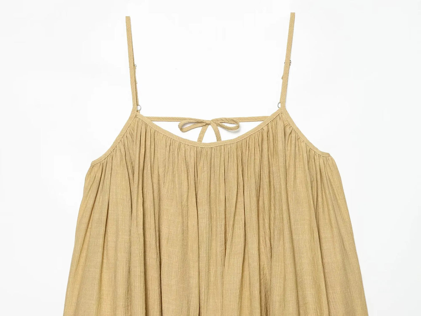 TFMLN Women Round Neck Pleated Sling Dresses Summer New Sleeveless Loose Fit Backless Solid Dress Fashion Holiday Casual Clothes