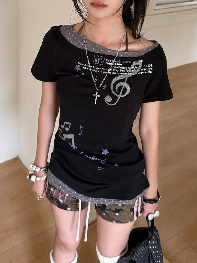 Streetwear Graphic Print T Shirts 2000s Y2k Clothes Top Women Short Sleeve Off Shoulder Sweet Vintage Tshirt False Two-piece