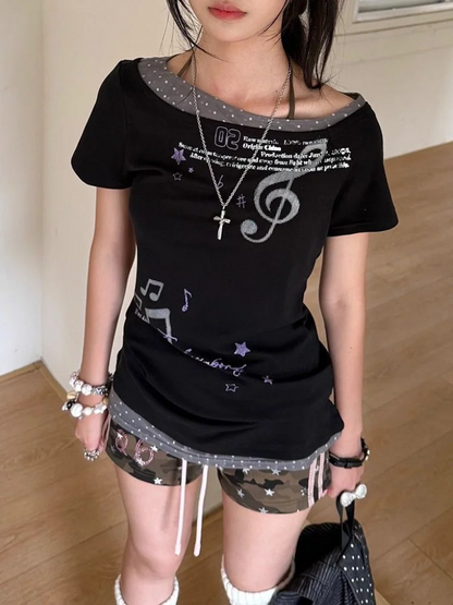 Streetwear Graphic Print T Shirts 2000s Y2k Clothes Top Women Short Sleeve Off Shoulder Sweet Vintage Tshirt False Two-piece