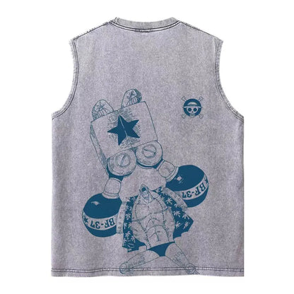 Harajuku Retro Sleeveless T-Shirts Streetwear Vintage Washed Anime One Piece Graphic Print Men Vest Tops Tees Retro Oversize