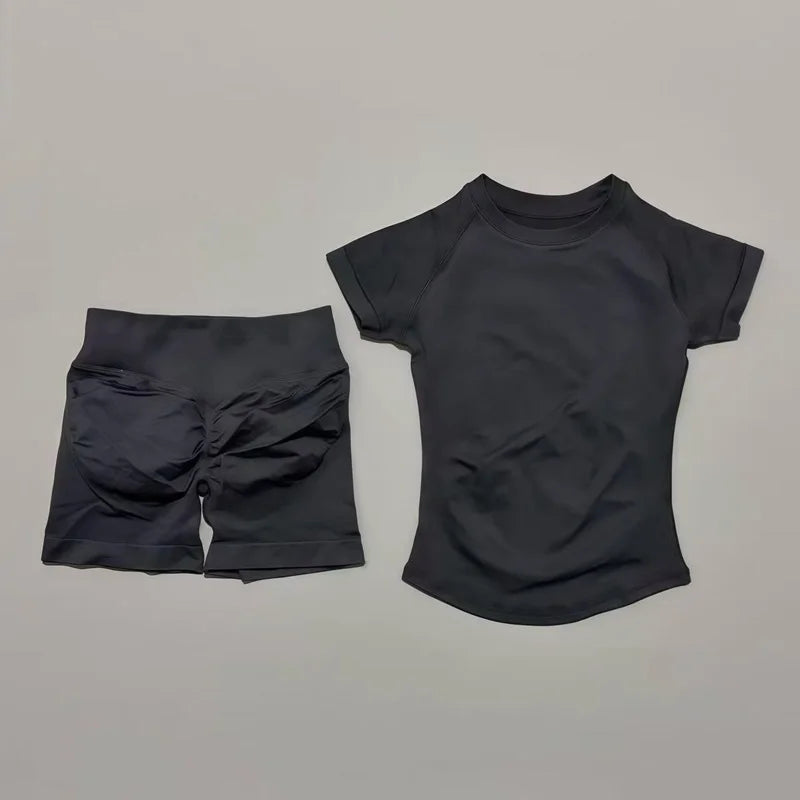 2 Pieces Sports Gym Sets Women Seamless Knitted Yoga Short Sleeve Top Fitness Set Workout Running Sports Short Leggings Suit