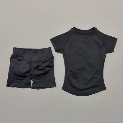 2 Pieces Sports Gym Sets Women Seamless Knitted Yoga Short Sleeve Top Fitness Set Workout Running Sports Short Leggings Suit