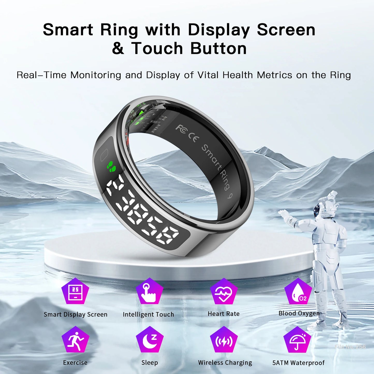 Tasbih Fitness Heart Rate Zikr Counter Display Screen Blood Oxygen Sleep Monitor  Temperature Gesture Control Touch Smart Ring