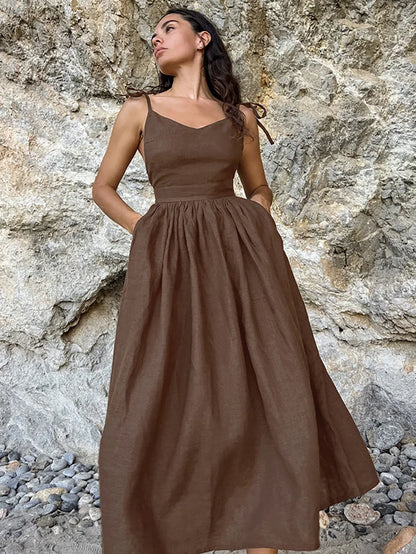 Aynaray 2024 Spring Summer Women Holiday Solid Backless Dress V-neck Spaghetti A-Line Flare Midi Dress For Women