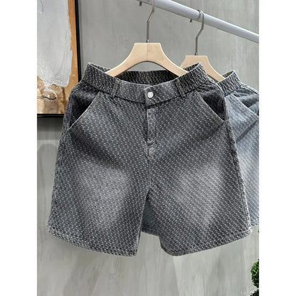Retro Jacquard Washed Denim Shorts Men's Summer American Vibe Casual Straight Loose Five-Minute Pants