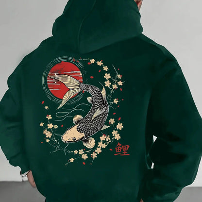 Men's Pullover Hoodie with Japanese Koi, Cherry Blossom and Chinese Character (koi) Design, Loose-fitting Casual Sweatshirt.