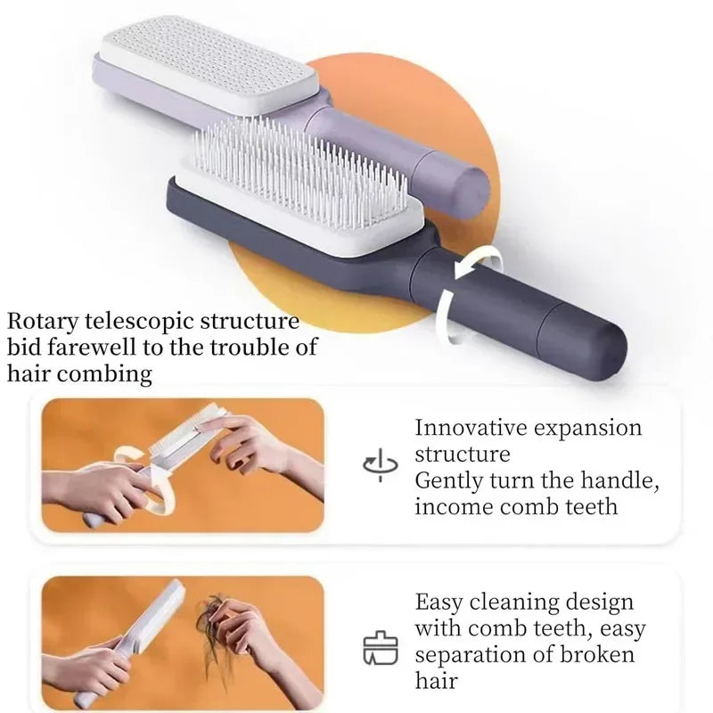 Self Cleaning Hair Brush - Telescopic Massage Comb with Rotating Handle & Air Cushion - ZOOMNSTORE