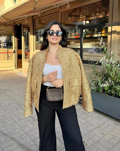 Suninheart Women's Sequined Bomber Jacket Fall O Neck Long Sleeve Gold Sequins Jacket Coat Female Glitter Chic Outerwear - ZOOMNSTORE