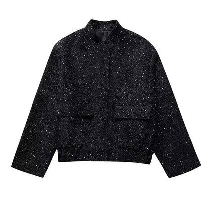 Suninheart Women's Sequined Bomber Jacket Fall O Neck Long Sleeve Gold Sequins Jacket Coat Female Glitter Chic Outerwear - ZOOMNSTORE