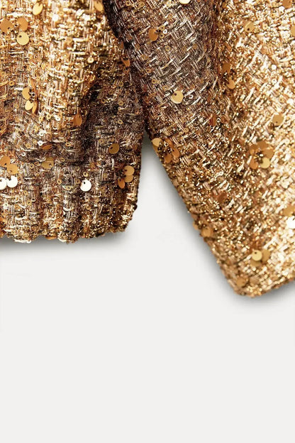 Suninheart Women's Sequined Bomber Jacket Fall O Neck Long Sleeve Gold Sequins Jacket Coat Female Glitter Chic Outerwear - ZOOMNSTORE