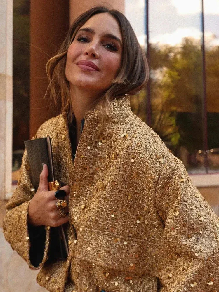 Suninheart Women's Sequined Bomber Jacket Fall O Neck Long Sleeve Gold Sequins Jacket Coat Female Glitter Chic Outerwear - ZOOMNSTORE
