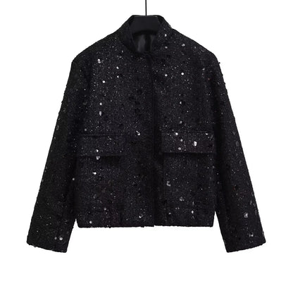 Suninheart Women's Sequined Bomber Jacket Fall O Neck Long Sleeve Gold Sequins Jacket Coat Female Glitter Chic Outerwear - ZOOMNSTORE
