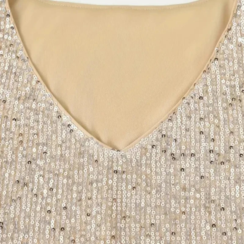 Sequined Tank Top - Women's Summer Sleeveless Blouse With Deep V Neck | Stylish Vest - ZOOMNSTORE