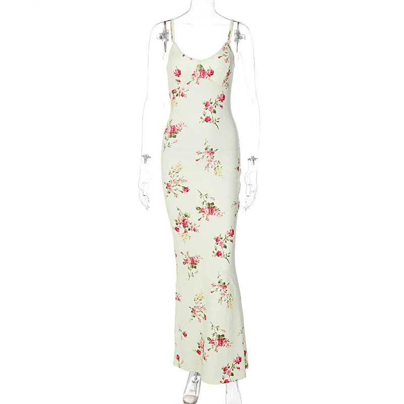 Sexy Bodycon Maxi Dress – Floral Print Sleeveless Backless Party Outfit - ZOOMNSTORE