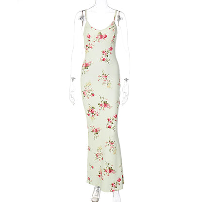 Sexy Bodycon Maxi Dress – Floral Print Sleeveless Backless Party Outfit - ZOOMNSTORE