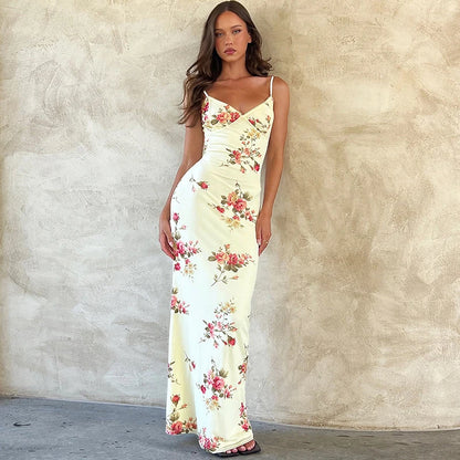 Sexy Bodycon Maxi Dress – Floral Print Sleeveless Backless Party Outfit - ZOOMNSTORE