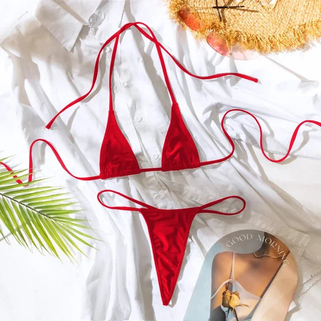 Womens Thong Swimwear - Solid Color Triangle Bra Beach Suit - ZOOMNSTORE
