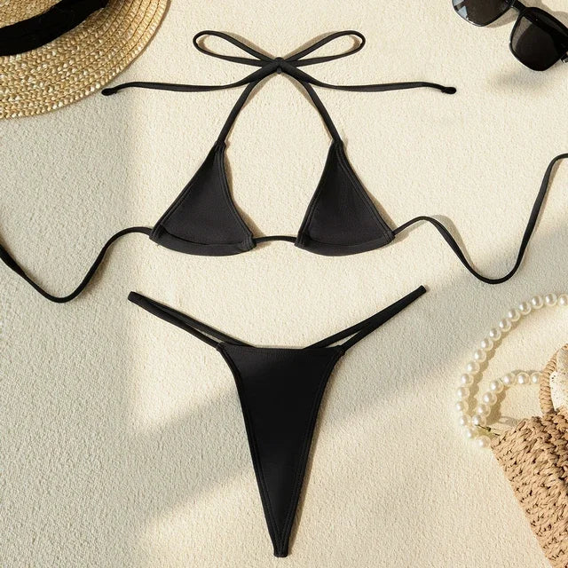 Womens Thong Swimwear - Solid Color Triangle Bra Beach Suit - ZOOMNSTORE