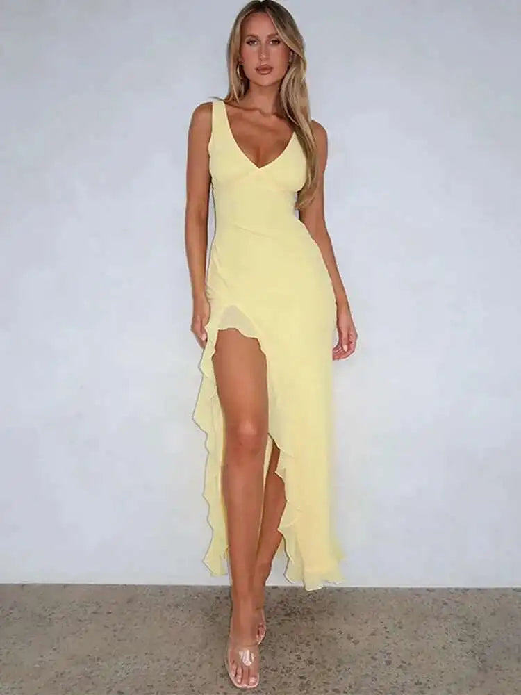 Elegant Backless Ruffle High Split Midi Dress - Summer Party Evening Wear 2024 - ZOOMNSTORE
