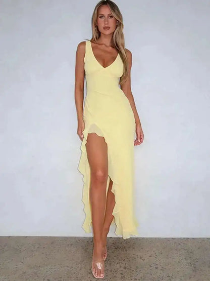 Elegant Backless Ruffle High Split Midi Dress - Summer Party Evening Wear 2024 - ZOOMNSTORE