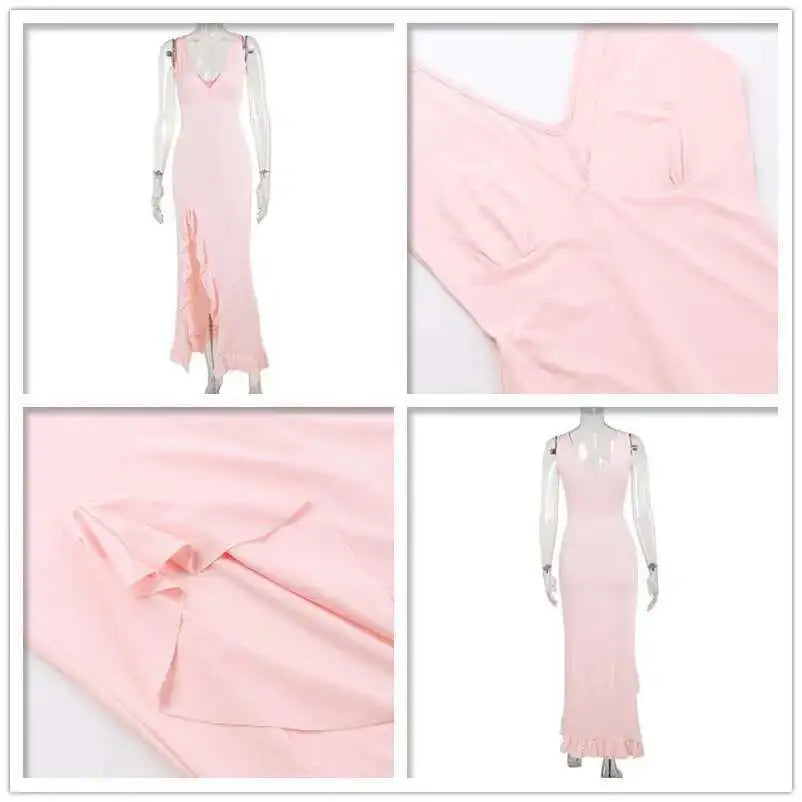 Elegant Backless Ruffle High Split Midi Dress - Summer Party Evening Wear 2024 - ZOOMNSTORE