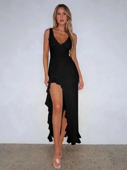 Elegant Backless Ruffle High Split Midi Dress - Summer Party Evening Wear 2024 - ZOOMNSTORE
