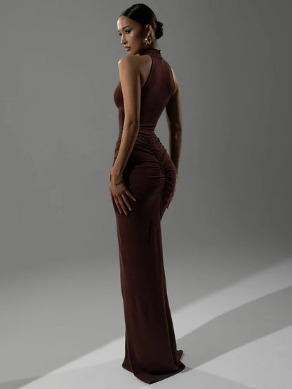 Sexy Maxi Dress - Slim Fit Halter Neck Evening Gown | High Waist Floor Length Party Dress - ZOOMNSTORE