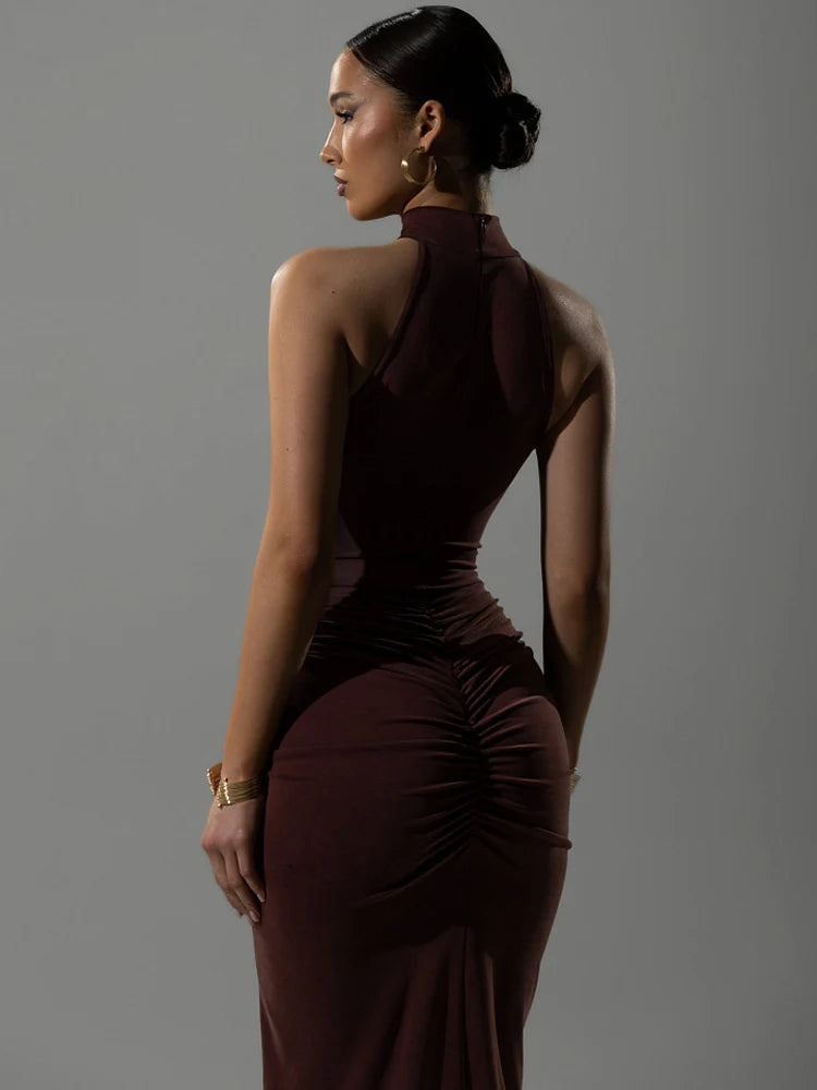 Sexy Maxi Dress - Slim Fit Halter Neck Evening Gown | High Waist Floor Length Party Dress - ZOOMNSTORE