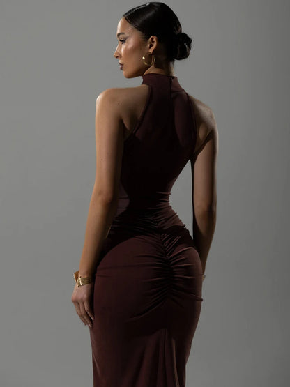 Sexy Maxi Dress - Slim Fit Halter Neck Evening Gown | High Waist Floor Length Party Dress - ZOOMNSTORE