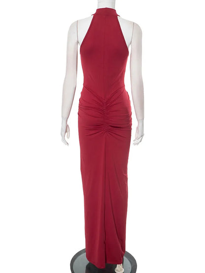 Sexy Maxi Dress - Slim Fit Halter Neck Evening Gown | High Waist Floor Length Party Dress - ZOOMNSTORE