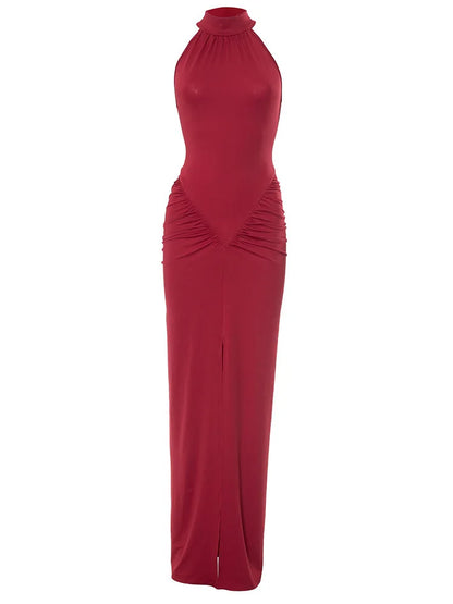 Sexy Maxi Dress - Slim Fit Halter Neck Evening Gown | High Waist Floor Length Party Dress - ZOOMNSTORE