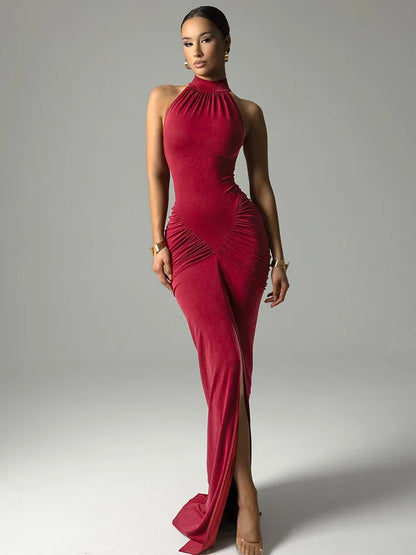 Sexy Maxi Dress - Slim Fit Halter Neck Evening Gown | High Waist Floor Length Party Dress - ZOOMNSTORE