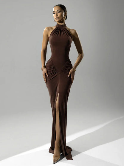 Sexy Maxi Dress - Slim Fit Halter Neck Evening Gown | High Waist Floor Length Party Dress - ZOOMNSTORE
