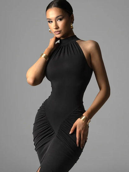 Sexy Maxi Dress - Slim Fit Halter Neck Evening Gown | High Waist Floor Length Party Dress - ZOOMNSTORE
