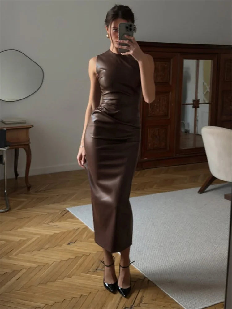 Sexy Maxi Dress - Women's Bodycon Slim Fit Sleeveless Patchwork Leather Ankle-Length - ZOOMNSTORE