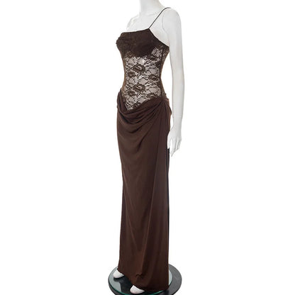 Sexy Maxi Dress – Women's Lace See Through Sleeveless Backless Club Gown - ZOOMNSTORE