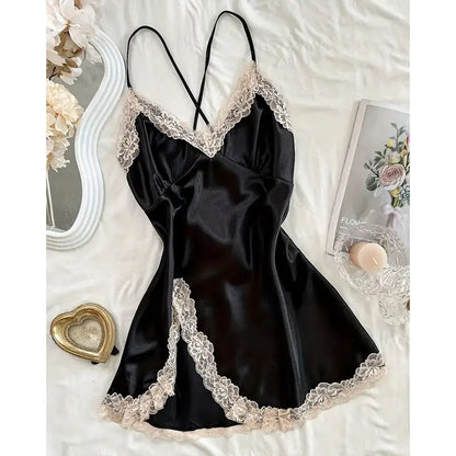 Off Shoulder Ultra Short Sexy Bras Pajamas Home Dresses Night Shirts Sexi Women's Nightgown Silk Lingerie See Through Dress - ZOOMNSTORE