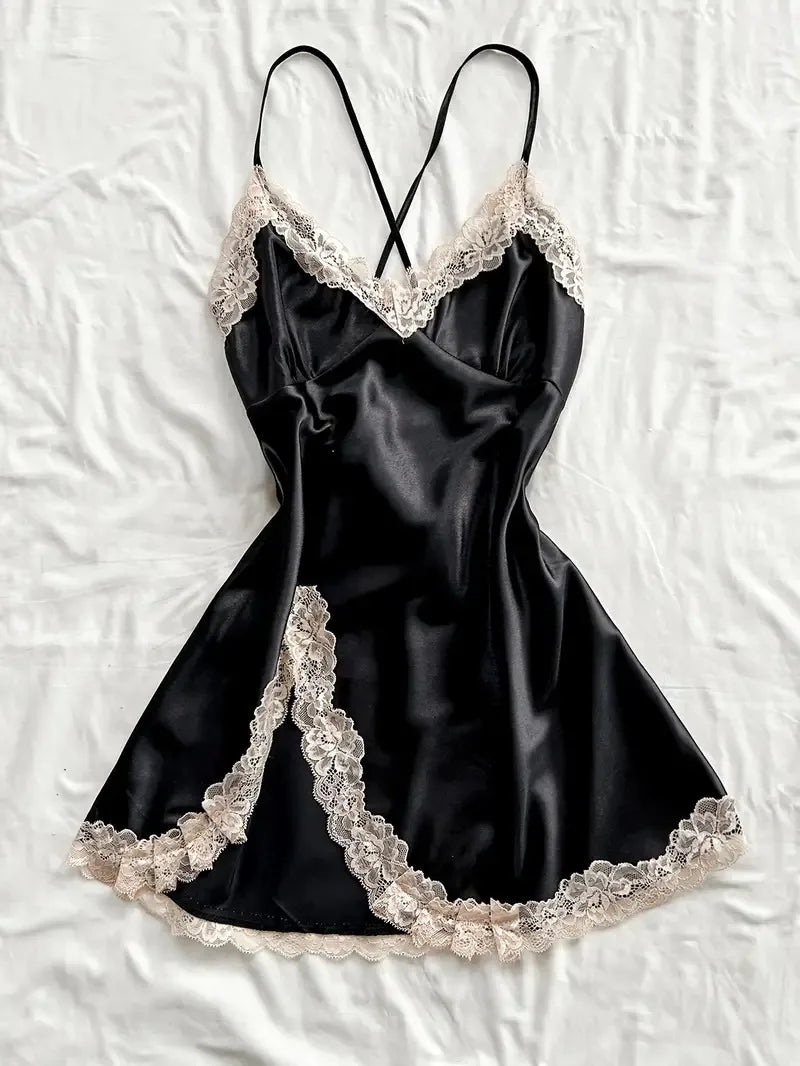 Off Shoulder Ultra Short Sexy Bras Pajamas Home Dresses Night Shirts Sexi Women's Nightgown Silk Lingerie See Through Dress - ZOOMNSTORE