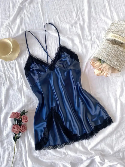 Off Shoulder Ultra Short Sexy Bras Pajamas Home Dresses Night Shirts Sexi Women's Nightgown Silk Lingerie See Through Dress - ZOOMNSTORE