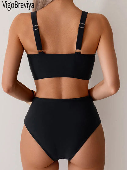 VigoBreviya 2025 High Waist Bikini Set - Sexy Solid Strapped Swimwear - ZOOMNSTORE