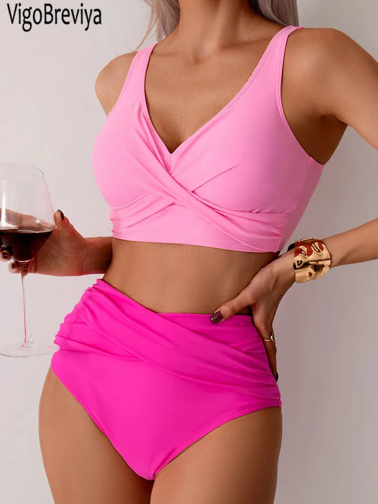 VigoBreviya 2025 High Waist Bikini Set - Sexy Solid Strapped Swimwear - ZOOMNSTORE