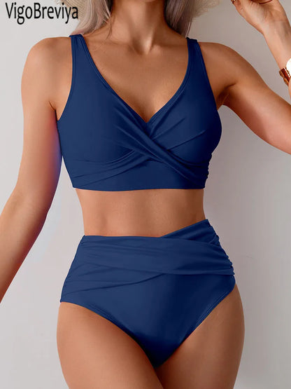 VigoBreviya 2025 High Waist Bikini Set - Sexy Solid Strapped Swimwear - ZOOMNSTORE