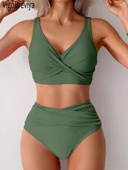 VigoBreviya 2025 High Waist Bikini Set - Sexy Solid Strapped Swimwear - ZOOMNSTORE