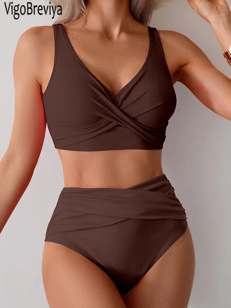 VigoBreviya 2025 High Waist Bikini Set - Sexy Solid Strapped Swimwear - ZOOMNSTORE