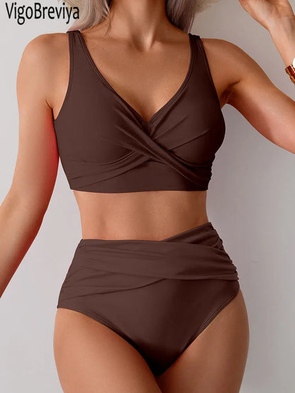 VigoBreviya 2025 High Waist Bikini Set - Sexy Solid Strapped Swimwear - ZOOMNSTORE