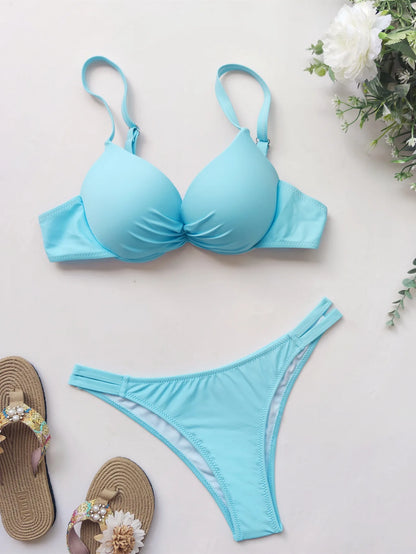 Sexy Push-Up Bikini Set - Solid Two-Piece Thong Swimsuit - ZOOMNSTORE