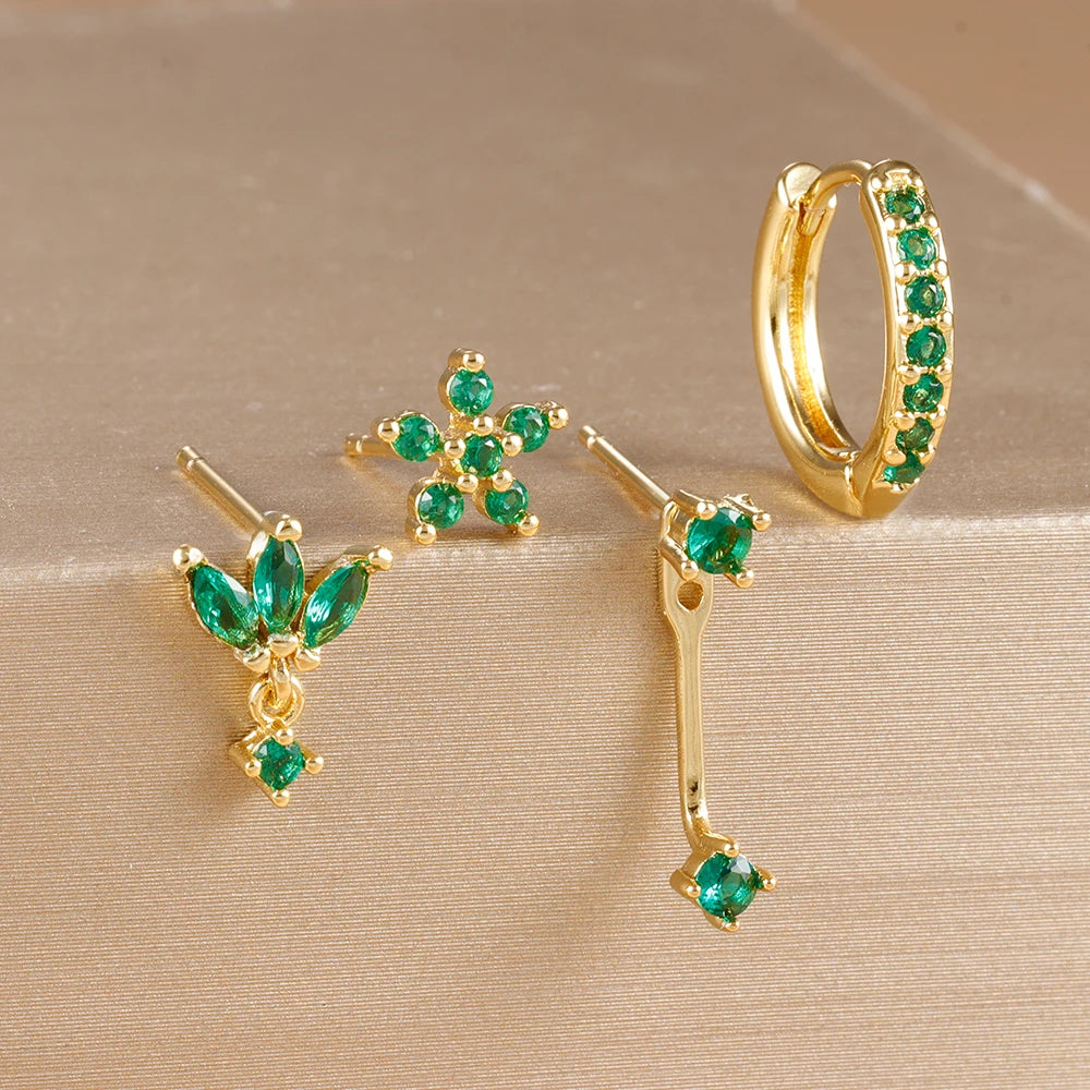 Stainless Steel Hoop Earrings - 4PCS Circle Huggie Set with Zircon Flower Studs