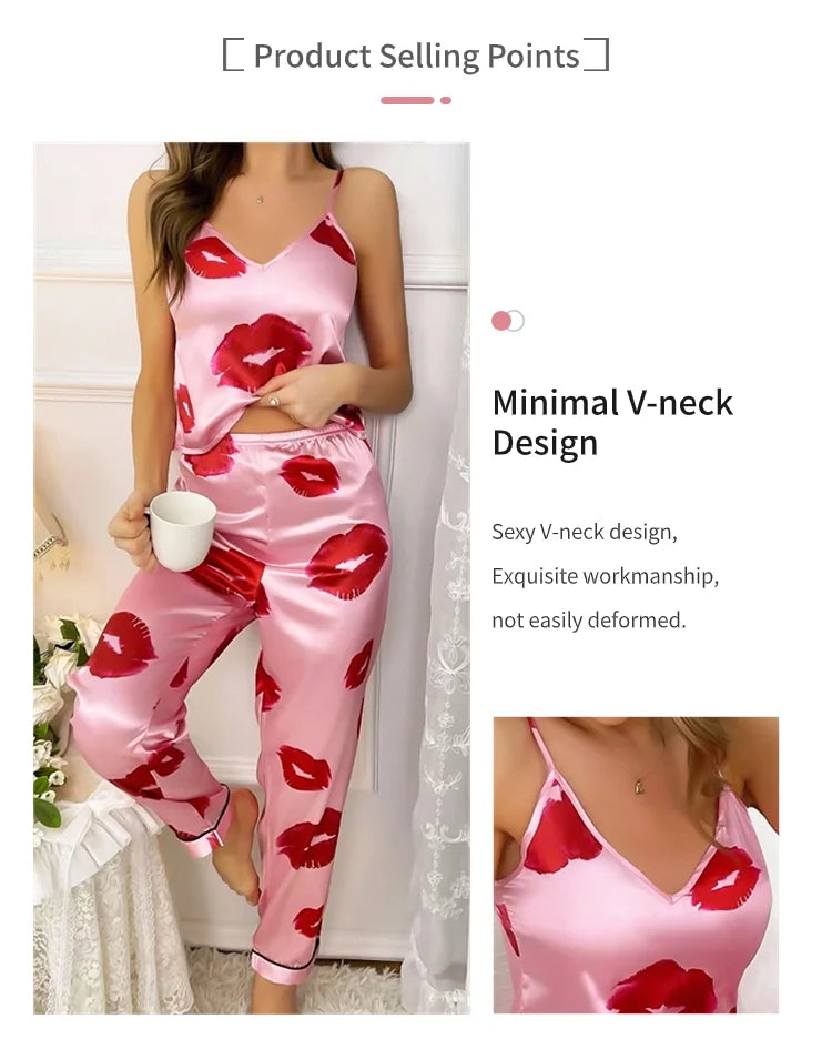 Women's Satin Pajama Set with Lip Print V-Neck Cami Top and Elastic Pants For Women Pijama Comfortable Sleep and Loungwear