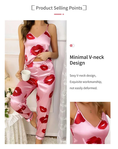 Women's Satin Pajama Set with Lip Print V-Neck Cami Top and Elastic Pants For Women Pijama Comfortable Sleep and Loungwear